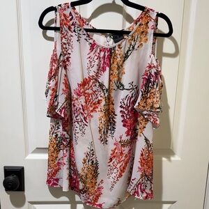 Worthington Floral Cold Shoulder Blouse - Pink and Orange